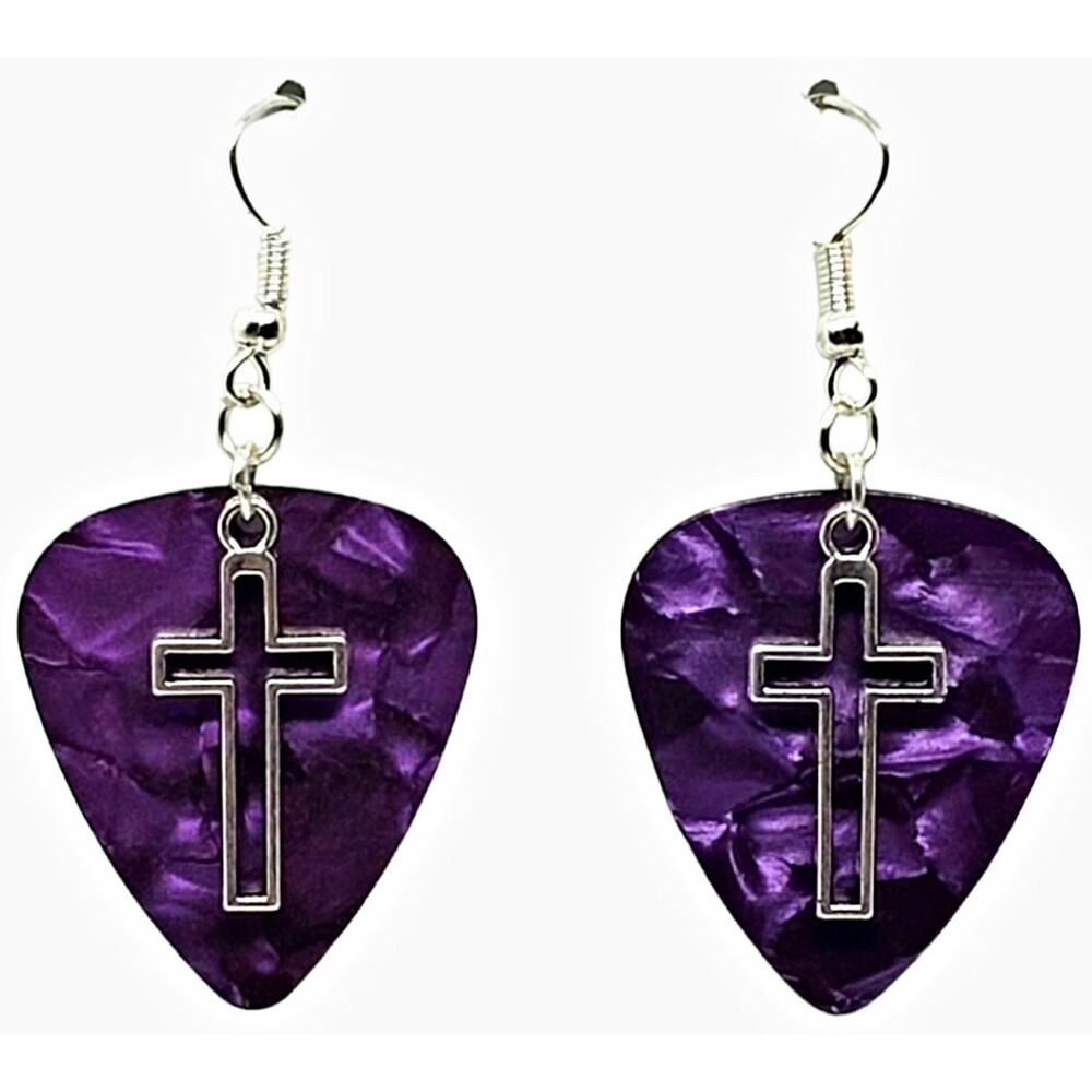 Open Cross Religious Charm on Guitar Pick Earrings - Choose Color - Handmade USA